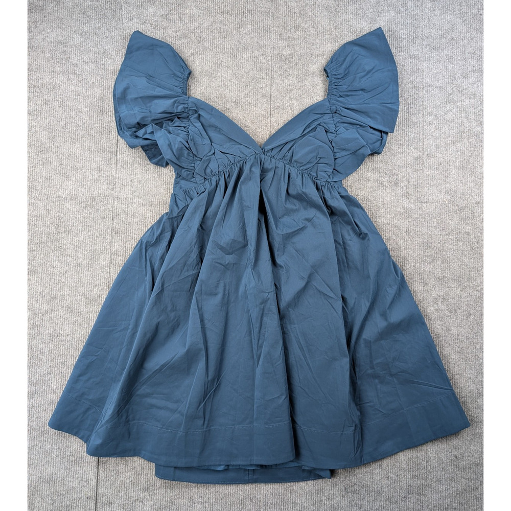 Day + Moon Mini Dress Womens Small Poplin Preppy Summer Event Babydoll Teal Glam